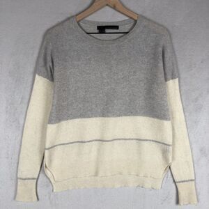 360 CASHMERE Sweater Sz M Gray Cream Crew Neck Long Sleeve Split Hem Lightweight